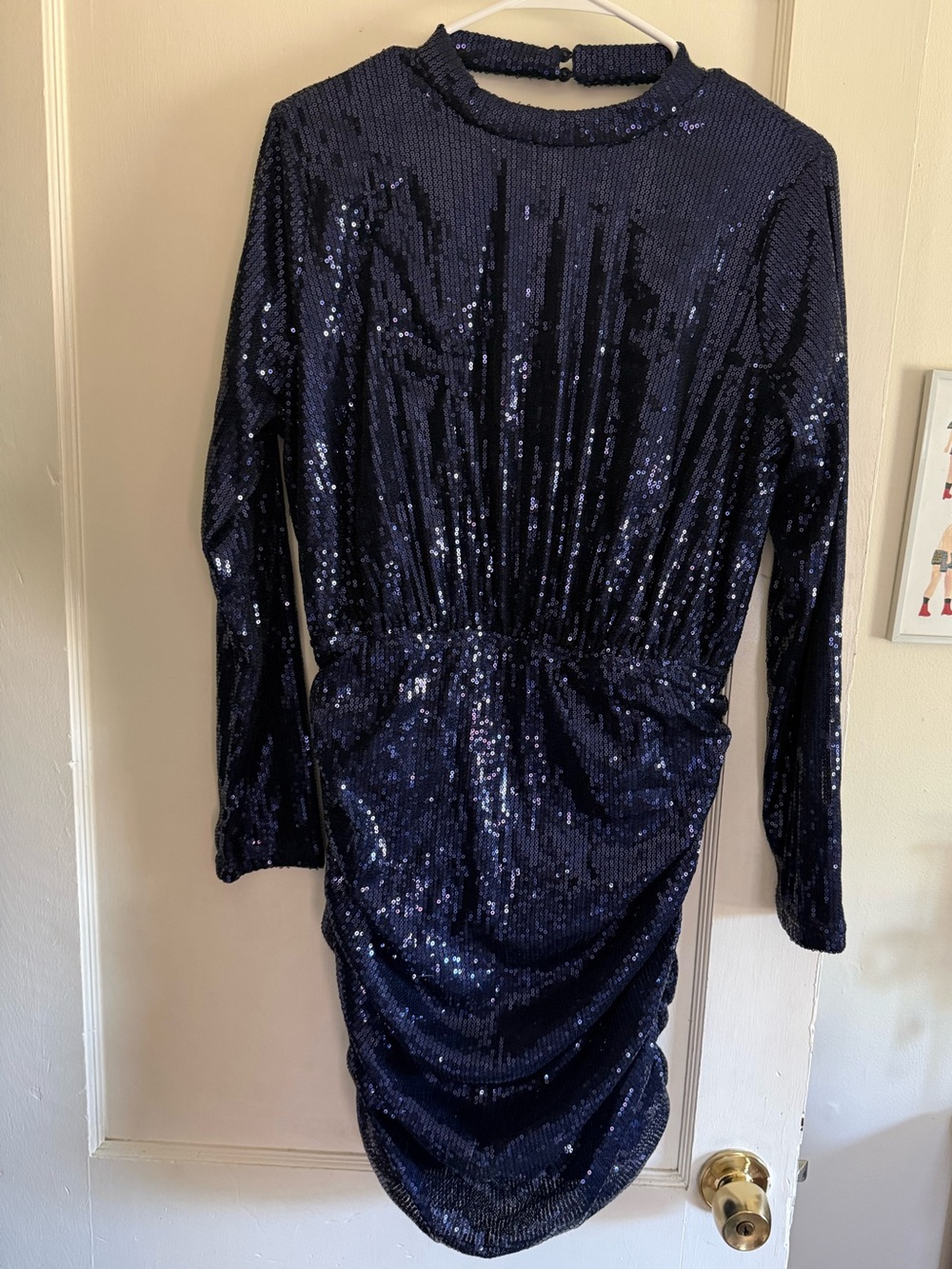 ASOS Navy Sequin Ruched Long-Sleeve Dress
